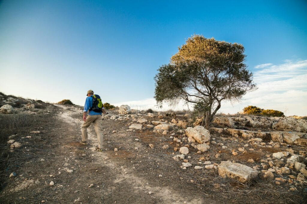 Tourist man walking on a path in park of Cyprus